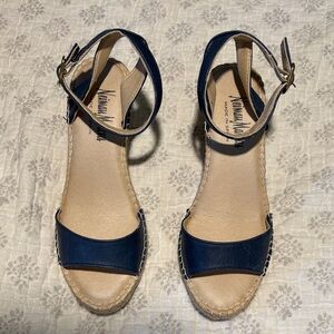 Neiman Marcus Navy Leather Ankle-Strap Espadrille Sandals